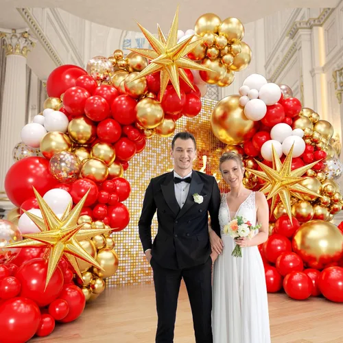 Miniatura 5 de Kit de arco de globos rojos y dorados, globos rojos y dorados con globos de aluminio de 22 pulgadas, globos de látex blanco con confeti dorado