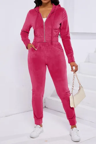 Miniatura 5 de PINSV Conjunto de 2 piezas de terciopelo para mujer, sudadera con capucha y cremallera para correr, conjunto de entrenamiento