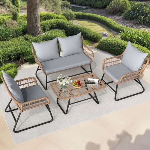 Miniatura 8 de YITAHOME Muebles de patio en forma de L para exteriores, juego de sofá seccional para patio trasero, porche con cojines gruesos, tumbona gris + azul
