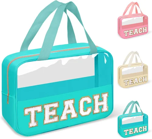 Miniatura 24 de izuzta Bolsas de maquillaje transparentes tipo tote con letras de chenilla, bolsa de maquillaje preppy con asa, Moda