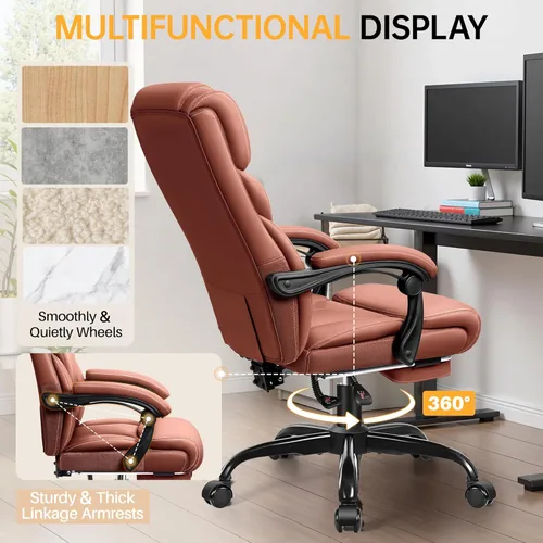 Miniatura 7 de HeroSet Silla de oficina grande y alta con reposapiés, silla ergonómica reclinable de cuero ejecutiva de 400 libras, soporte lumbar, sillas de Café