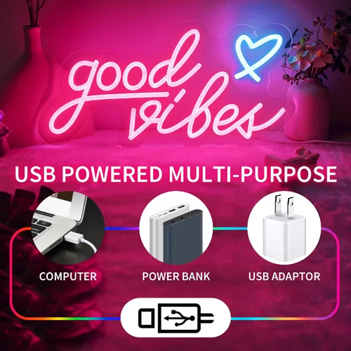 Miniatura 7 de Good Vibes - Letrero de neón rosa con corazón, luces LED rosas de 15.7 x 8 pulgadas, funciona con USB, letrero LED Good Vibes para dormitorio
