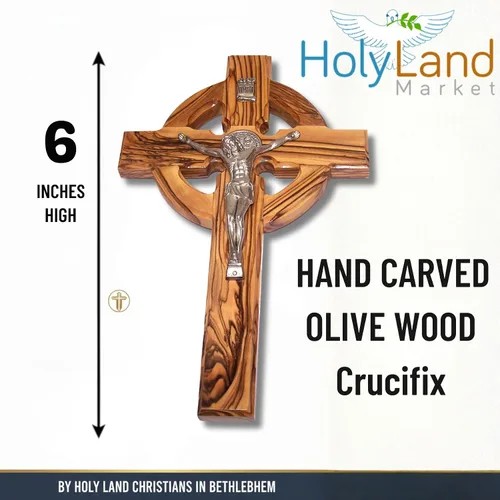 Miniatura 5 de Holy Land Market Crucifijo de pared de madera de olivo celta de 6 pulgadas, hecho a mano en Belén con medalla de metal de San Benito