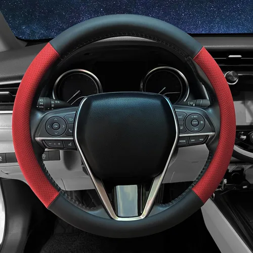 Miniatura 12 de Funda para volante en forma de D, parte inferior plana, cubierta de volante para automóvil de 14 1/2-15 pulgadas (37-39 cm), cuero de microfibra
