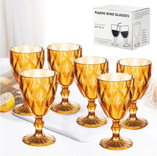 Juego de 6 copas de vino vintage, de plástico, reutilizables, de 12 onzas, copas de agua de colores, patrón único en relieve, copas de vino