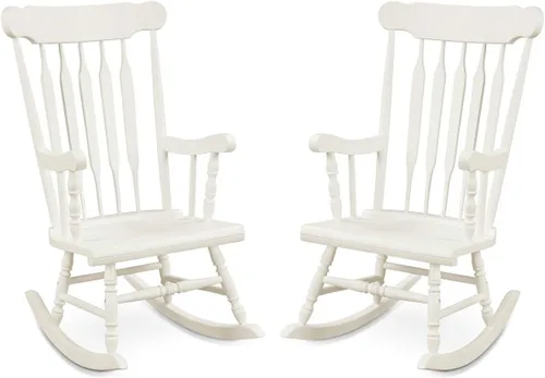Miniatura 9 de Giantex Mecedora de madera para exteriores, mecedora de patio con marco de madera de goma maciza, respaldo de listones, balancín exterior e