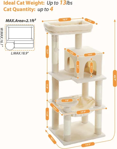 Miniatura 4 de PETEPELA Árbol para gatos de interior de 45.7 pulgadas, torre para gatos de 5 niveles para gatos grandes con marco de metal, hamaca grande