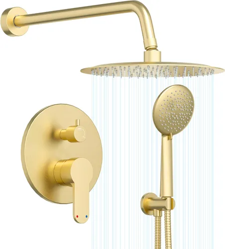 Gabrylly Sistema de cabezal de ducha dorado, juego de grifo de ducha con válvula de ducha de equilibrio de presión, cabezales de ducha de 10 Oro