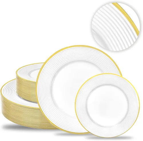 Miniatura 15 de Liacere 100 platos de plástico negro, platos desechables resistentes, platos negros y dorados, incluye platos para cena/postre para bodas, fiestas