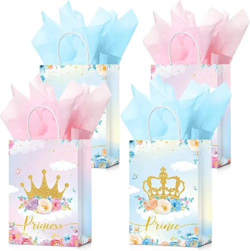 Miniatura 7 de Nezyo 16 bolsas de recuerdo de fiesta de princesa príncipe con asas y papel de seda, bolsas de regalo para cumpleaños, baby shower, regalos