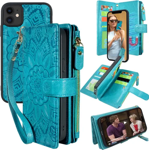 Harryshell Cartera de cuero con cremallera magnética desmontable con bolsillo para efectivo con ranuras para tarjetas, correa de muñeca para iPhone