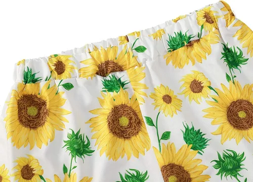 Miniatura 4 de Conjunto de traje de verano de 2 piezas con estampado de girasol, parte superior corta con volantes y pantalones cortos de cintura elástica