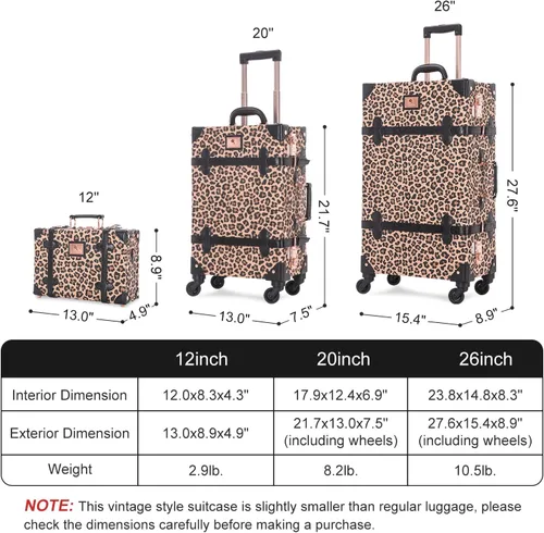 Miniatura 7 de Unitravel Juego de equipaje vintage de 3 piezas para mujer con cerradura TSA, Leopardo