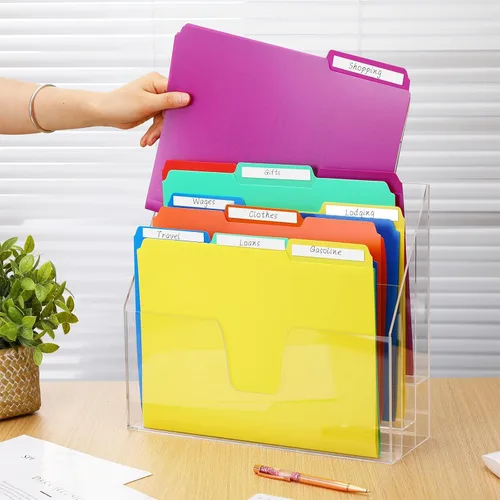 Miniatura 4 de Estune Organizador de archivos vertical acrílico, soporte horizontal triple para carpetas de archivos, almacenamiento de escritorio de papel, caja