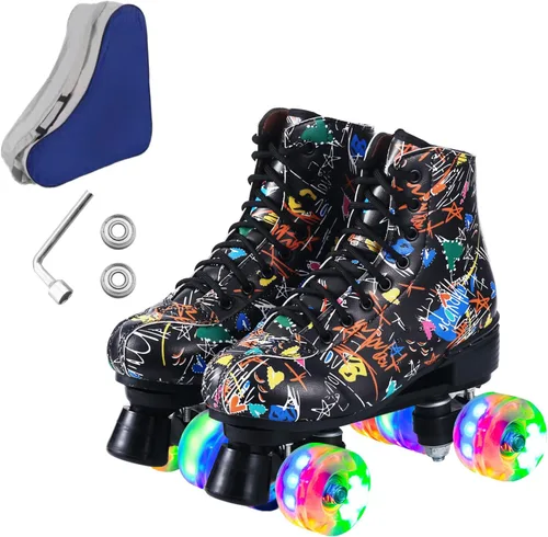 Miniatura 13 de Patines de ruedas para hombres y mujeres, patines Derby negros con 4 ruedas brillantes, patines clásicos de doble fila para interiores y exteriores