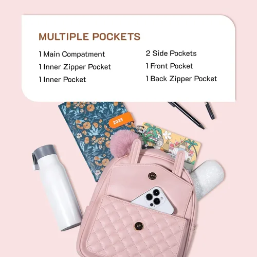 Miniatura 2 de Missnine Mini mochila para mujer, bonita mochila pequeña con pompón, de piel sintética, mochila pequeña casual para mujer, rosado (2-Pink)