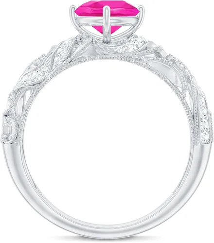 Miniatura 7 de Anillo de compromiso redondo de zafiro rosa cultivado en laboratorio certificado con diamante Calidad AAAA Anillo de estilo vintage para mujer