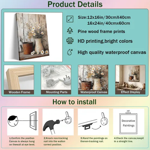 Miniatura 2 de KYSNGMT - Lienzo decorativo para pared, diseño de margaritas rústicas Vintage White Flower in Pitcher Picture Framed Artwork Ready to Hang for
