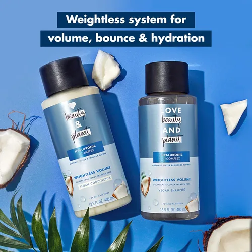 Miniatura 7 de Love Beauty and Planet Acondicionador de volumen sin peso con ácido hylaurónico agua de coco y flor de mimosa para el cuidado del cabello fino