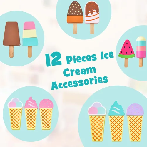 Miniatura 7 de Costzon Juego de Carrito de Helados, Tienda de Comestibles de Madera con Estante de Exhibición y Repisas, Compartimento Congelador, 2 Ruedas