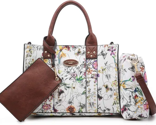 Miniatura 9 de Dasein - Bolsos y carteras de mano para mujer, set de bolso tipo bandolera con asa superior, 3 piezas Beige monograma