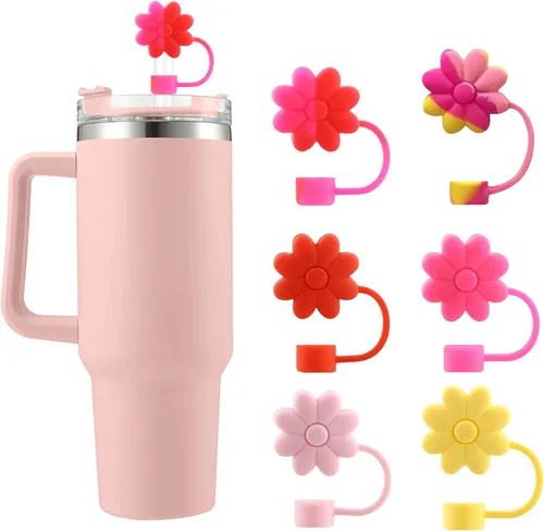Miniatura 37 de 6 fundas de silicona para popotes Stanley Cups de 30 y 40 onzas, tapas de paja de flores a prueba de polvo, protectores reutilizables para popotes