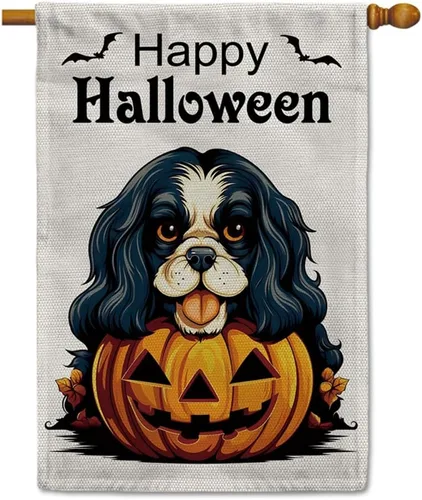 Miniatura 18 de Bandera de jardín de bulldog de Halloween de 12.5 x 18 pulgadas, vertical, doble cara, calabaza de Feliz Halloween, linda cachorro, decoración