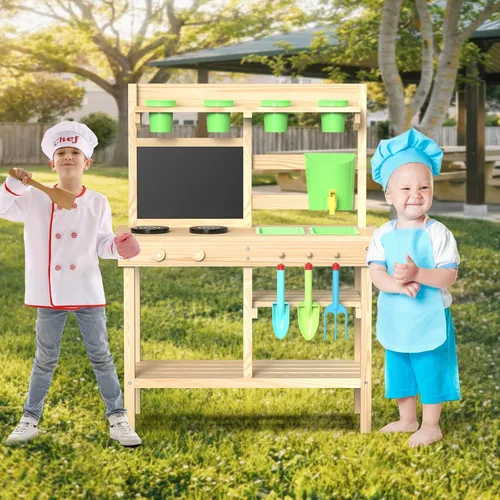 Miniatura 2 de Cocina de Juego Exterior de Madera de Cedro para Niños, Cocina de Barro con Grifo de Agua, Pizarra de Doble Cara, Estantes de Almacenamiento, Vasos
