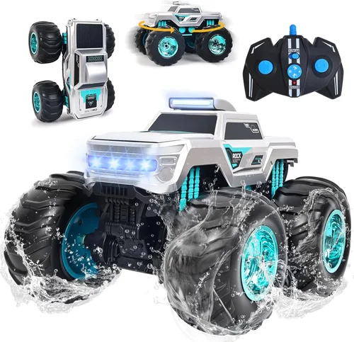 Camión de control remoto anfibio impermeable para niños, giroscopio autoequilibrante Monster Truck con acrobacias de ruedas, luces LED, automóvil RC