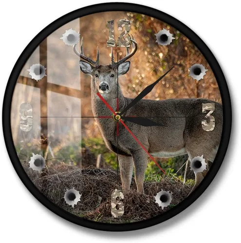 The Geeky Days Deer Hunter Cámara Sniper Big Buck Reloj de pared redondo con marco de metal, decoración de caza, vida silvestre, arte animal,