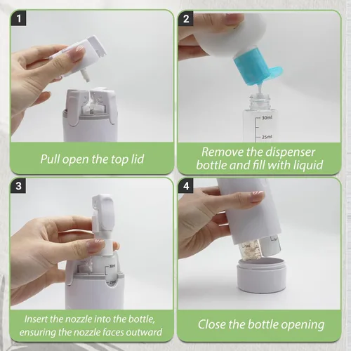 Miniatura 4 de Botella dispensadora de viaje 4 en 1 con cepillo de limpieza, paquete de 4 recipientes de 1.0 fl oz a prueba de fugas recargables para artículos