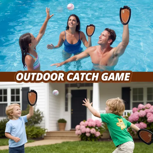 Miniatura 7 de Wee Wonders Juego de pelotas para lanzar y atrapar, guantes de béisbol para niños pequeños que incluye 2 paletas y 3 bolas adhesivas, juego de Marrón