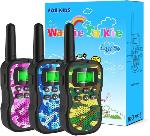 Huaker Walkie Talkies para niños, paquete de 3 unidades de 22 canales de radio de 2 vías con linterna y pantalla LCD, walkie talkies de alcance de 3