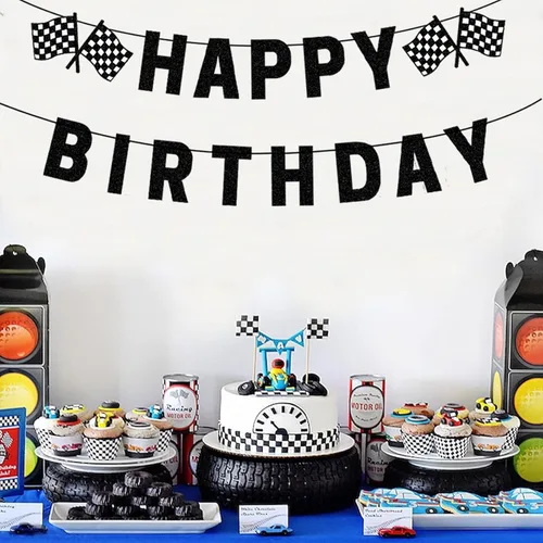 Miniatura 6 de Cartel de cumpleaños de coche de carreras, pancarta negra de feliz cumpleaños, decoraciones de fiesta de coche de carreras, suministros de fiesta