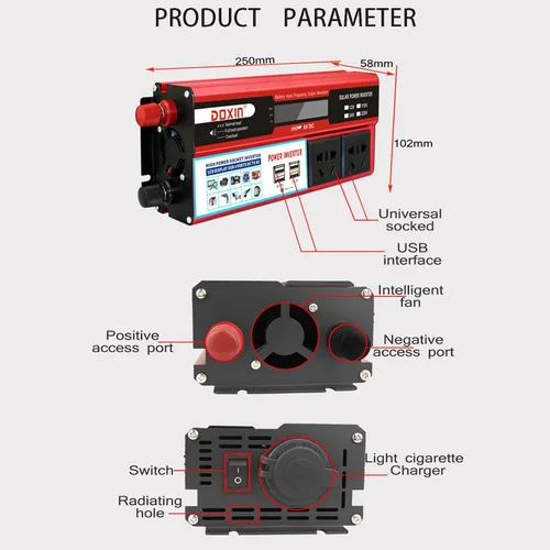 Miniatura 3 de Inversor de corriente para automóvil de 12 V, 24 V a 110 V, 220 V, convertidor de automóvil con 4 puertos USB, convertidor de adaptador
