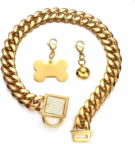 Collar de cadena fuerte para perros grandes, eslabones cubanos dorados de acero inoxidable con hebilla de circonita cúbica, cadena de metal de 0.71