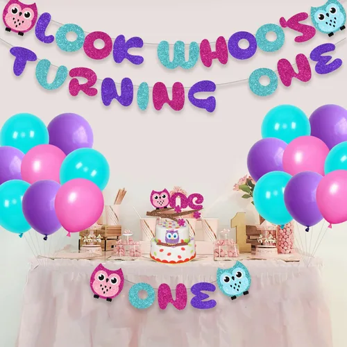 Miniatura 2 de Decoraciones de fiesta de primer cumpleaños de búho de dibujos animados para niños y niñas con Look Who's Turning One, globo de látex, decoración