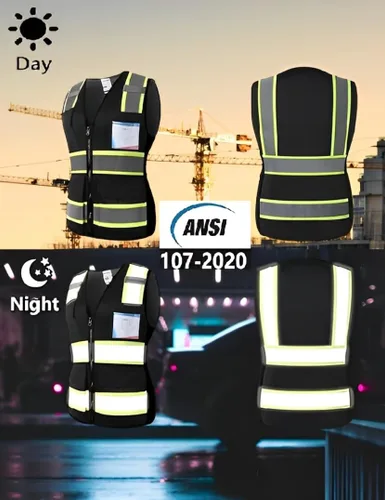 Miniatura 4 de Chaleco de seguridad para mujer, chaleco de alta visibilidad con 8 bolsillos y cremallera frontal, chaleco reflectante de malla que cumple