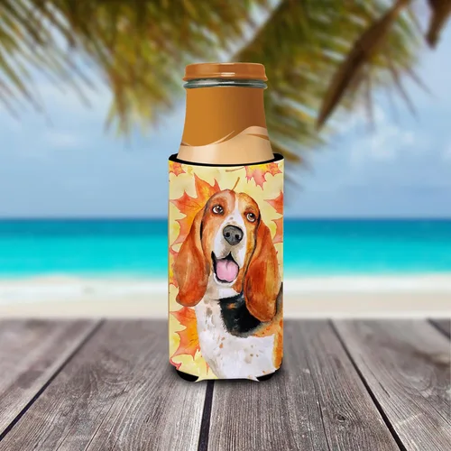 Miniatura 3 de Caroline's Treasures BB9965MUK Basset Hound Fall Ultra Hugger para latas delgadas, funda amarilla para enfriar latas, abrazador lavable a máquina