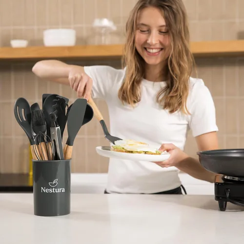 Miniatura 4 de Juego de utensilios de cocina de silicona compactos, 12 piezas con soporte, herramientas resistentes al calor sin BPA con asas de madera de haya