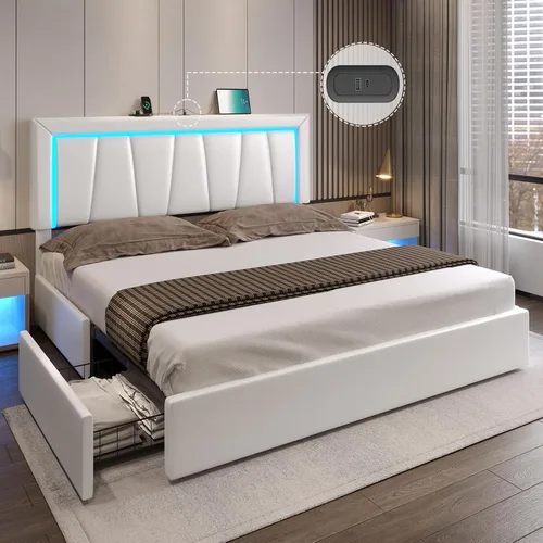 Miniatura 13 de DICTAC Marco de cama tamaño completo con cabecera y 4 cajones de almacenamiento, moderna plataforma de cama tapizada en cuero sintético