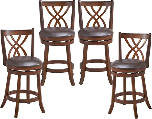 Miniatura 12 de COSTWAY Juego de 2 taburetes de bar, sillas giratorias de 360° con marco de madera de goma, asiento acolchado de piel sintética de 24 pulgadas