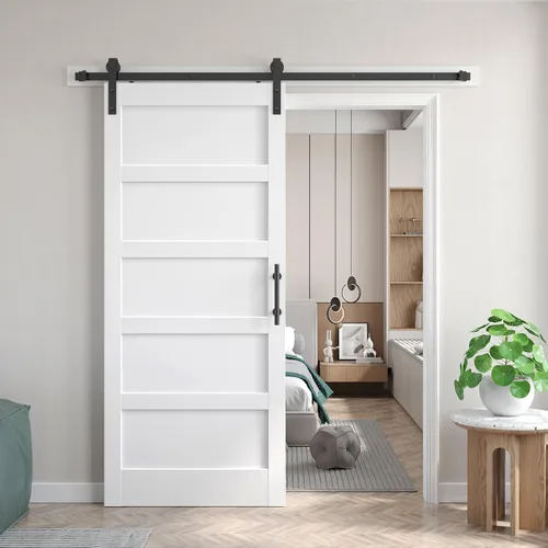 Miniatura 19 de Fredbeck Puerta de granero blanca de 30 x 84 pulgadas con kit de herrajes para puerta corredera de 5.5 pies incluido y asa, sólida, MDF, superficie