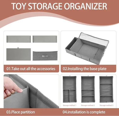 Miniatura 6 de Paquete de 2 cajas de almacenamiento de juguetes debajo de la cama, organizador de juguetes gris con tapa de PVC transparente, contenedores