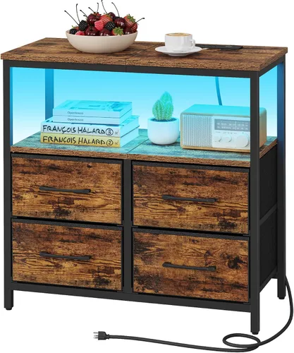 Miniatura 12 de TUTOTAK Mesita de noche LED con estación de carga, mesita de noche grande con puerto USB y Type-C, mesa de noche con cajones de tela, mesa auxiliar