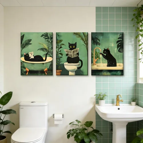 Miniatura 5 de 3 piezas de divertidos carteles de gato negro en lienzo para pared de baño Arte de pared vintage Gato se lava las patas leyendo el periódico