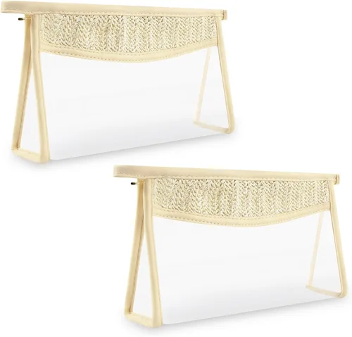 Miniatura 20 de Iqimott 2 bolsas de maquillaje con parches transparentes, bolsa de letras boho para nadar en la playa, bolsas de maquillaje impermeables