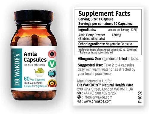 DR WAKDE'S Cápsulas Amla (Amalaki, grosella espinosa india, Emblica officinalis, 60 cápsulas vegetales, suplemento a base de plantas, hierba