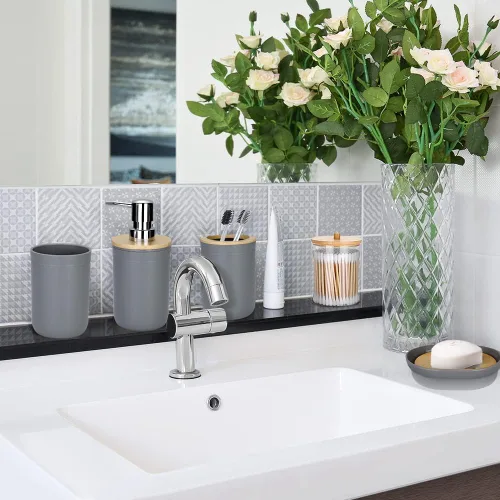 Miniatura 8 de Otostar Juego de accesorios de baño gris de bambú con soporte Qtip dispensador de jabón, soporte para cepillos de dientes, vaso, jabonera, soporte