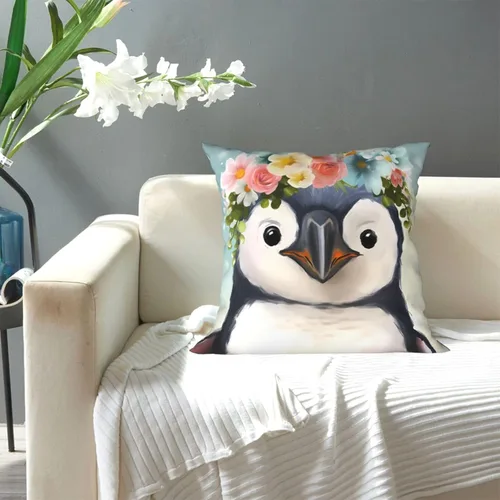 Miniatura 7 de Funda de cojín cuadrada suave con estampado de pingüinos con estampado de flores, para decoración del hogar, sala de estar, cama, sofá automóvil, 18